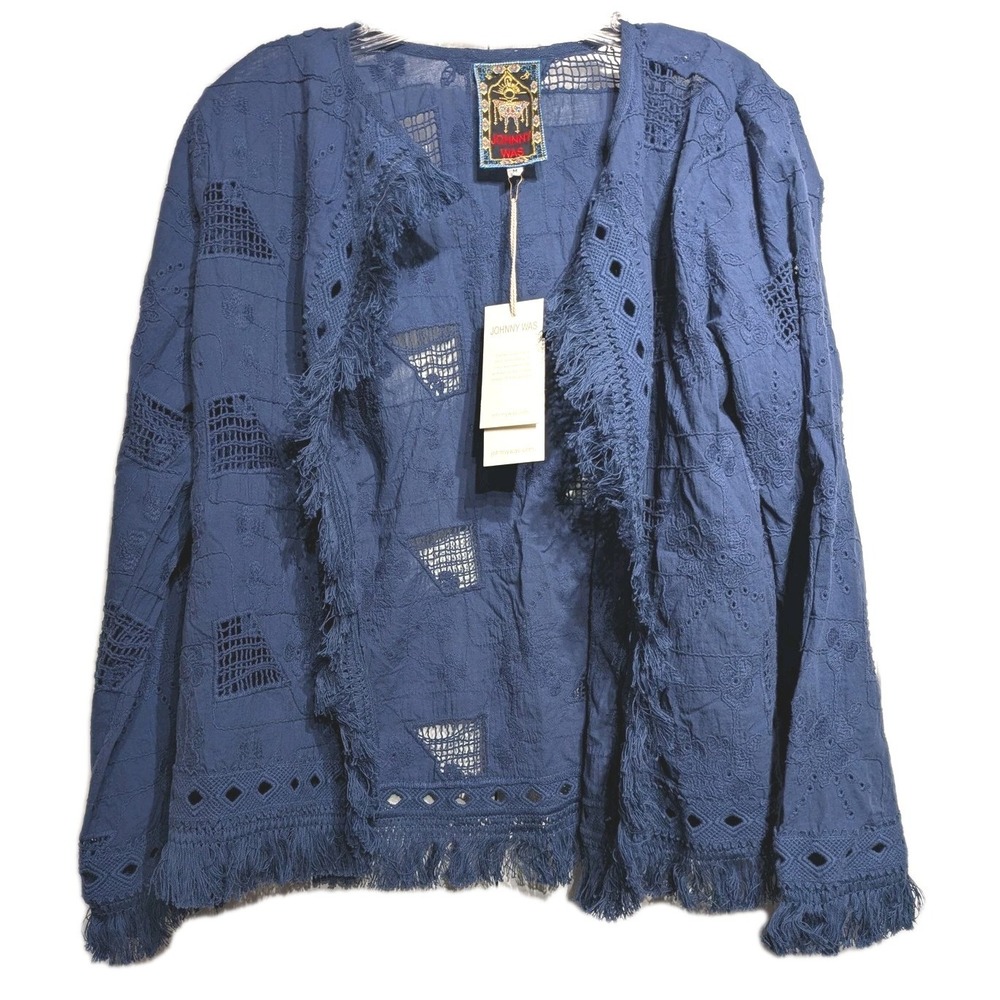 Johnny Was Jacket Women M Blue Kael Fringe Lace Kimono Boho Embroidered NWT